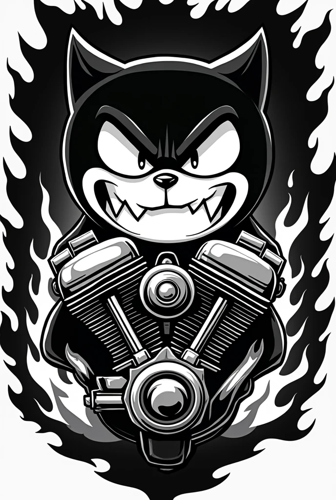 MAKE ME A LOGO FOR MOTORCYCLE CLUB. THE THEME IS ANGRY DORAEMON. THE COLOR IS ONLY BLACK AND WHITE. IN THE LOGO THERE IS A MOTORCYCLE ENGINE. THE LOOKS IS FLAMMING.