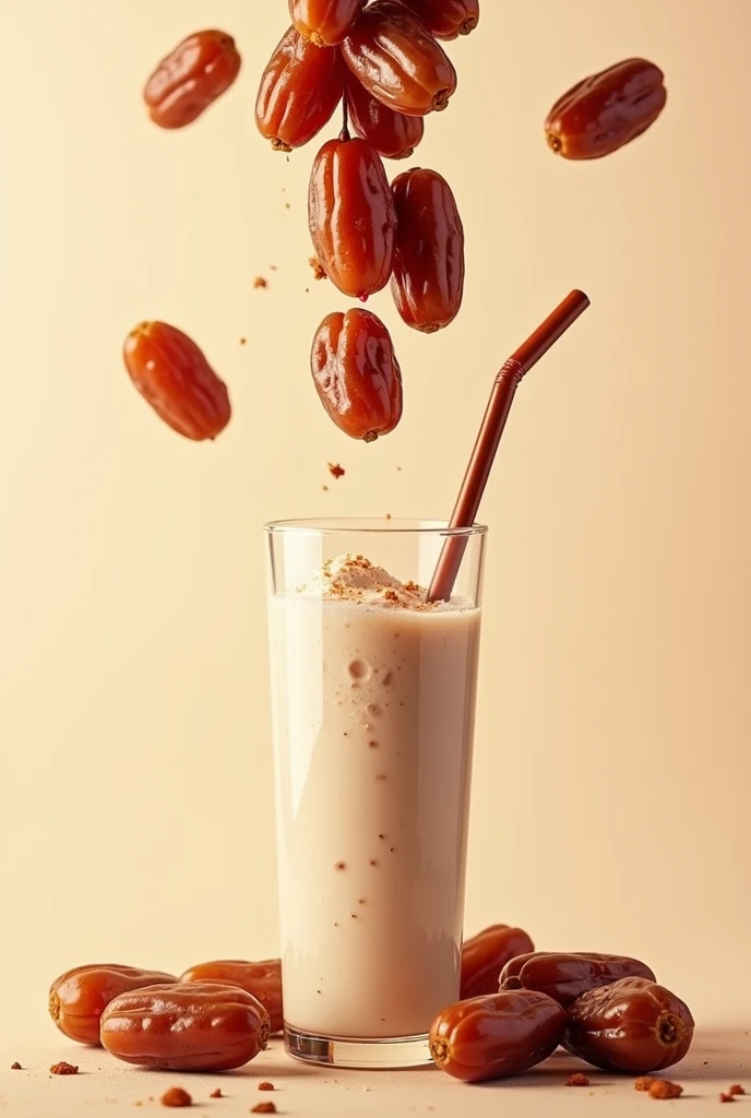A poster displaying date fruits falling in a glass full of date milkshake with a straw inside and also displaying the name Kurma Shake