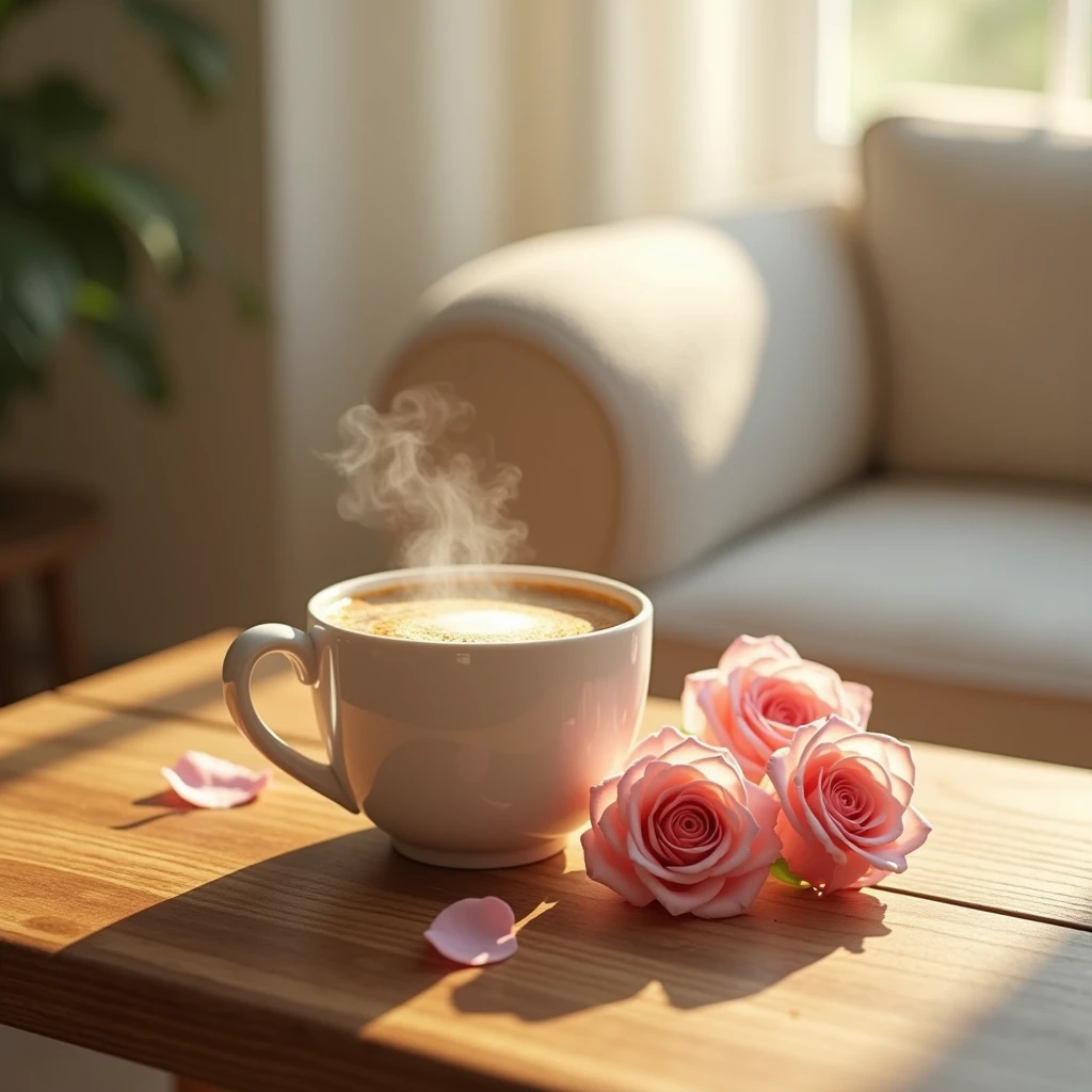 coffee,Pink Roses,Wooden table,sunlight,sofa