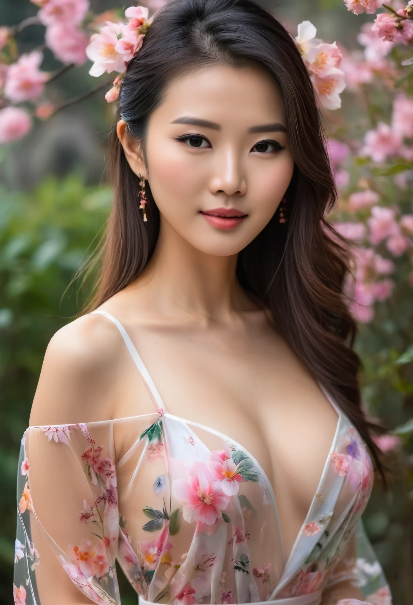 (belle fille en fleur), (chinoise), (robe transparente), (visage parfait), (proportion parfaite), (nue)