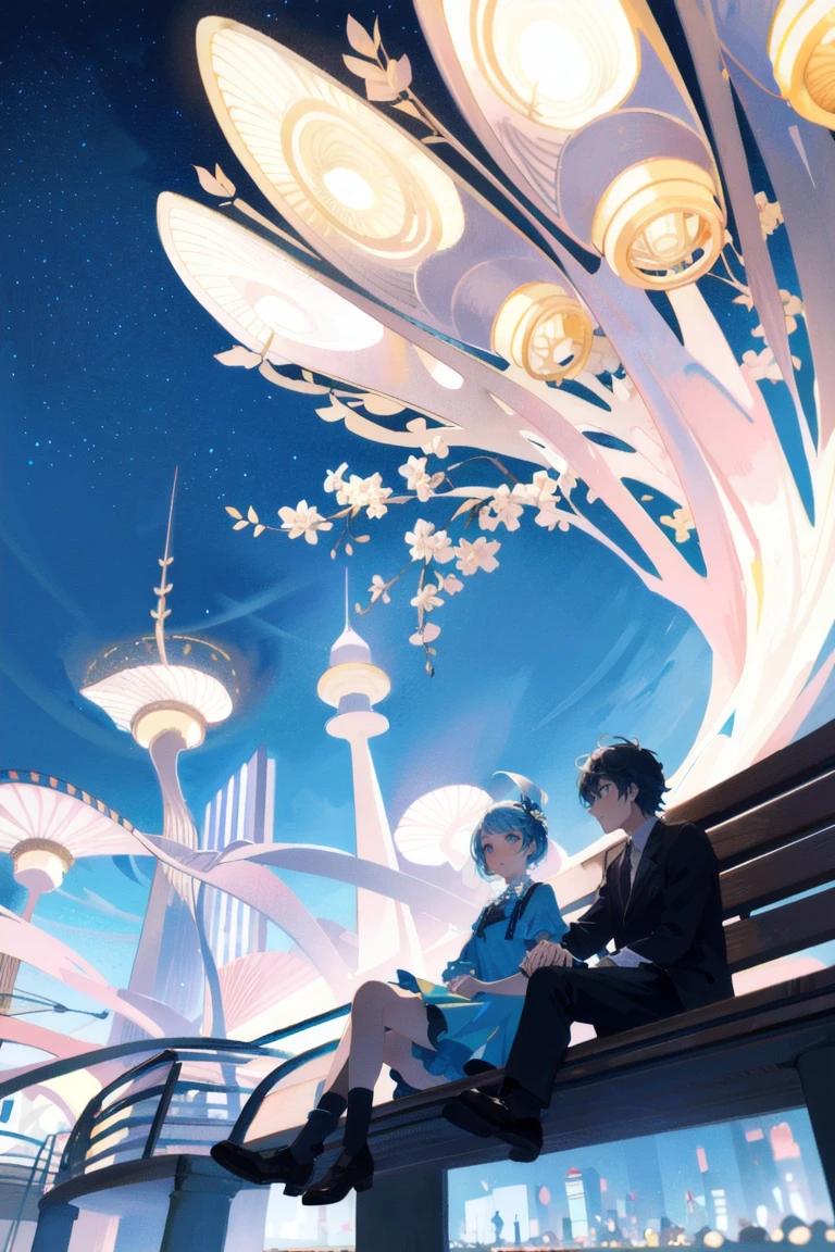 A whimsically enchanting scene unfolds as a young girl and boy sit on a bench under the serene glow of the moon, framed by a modern city boasting neon skyscrapers and ethereal floating islands in the sky. In this anime-style painting, the couple's faces are illuminated by the city lights, their expressions a mix of wonder and joy. The carefully crafted details bring the futuristic setting to life, with intricate architecture and fantastical elements seamlessly blending to create a captivating and visually stunning image.