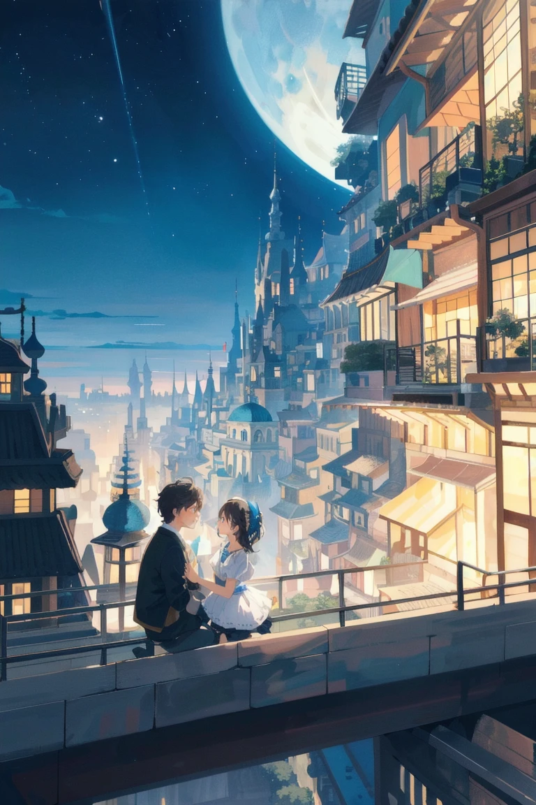 A whimsically enchanting scene unfolds as a young girl and boy sit on a bench under the serene glow of the moon, framed by a modern city boasting neon skyscrapers and ethereal floating islands in the sky. In this anime-style painting, the couple's faces are illuminated by the city lights, their expressions a mix of wonder and joy. The carefully crafted details bring the futuristic setting to life, with intricate architecture and fantastical elements seamlessly blending to create a captivating and visually stunning image.