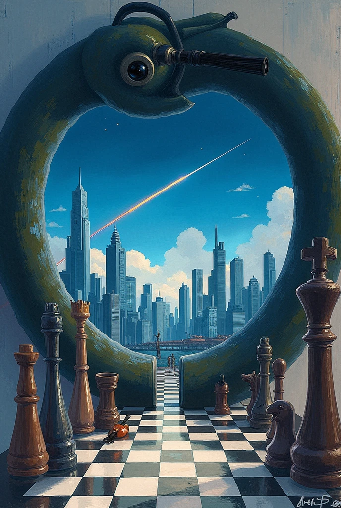 The image is Ghibli style, shows a painting, which has a circular frame shaped like an ouroboros, On the canvas, a futuristic city with large skyscrapers is drawn with a brush and watercolor, with a shooting star streaking across the night sky in the distance.. Outside the painting two chess pieces can be seen, one the black king and the white king, and also two guns and some brushes that were used to paint the picture.