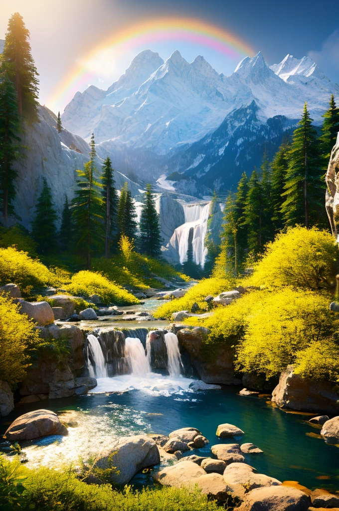 Create a breathtaking landscape scene that features majestic mountains with cascading waterfalls. The water from the falls flows into meandering rivers that lead to a tranquil, crystal-clear lake. The surroundings are rural, with lush, multi-colored leaves adorning the trees. In the sky, depict a flock of birds gracefully flying overhead. Capture the moment when fish are leaping joyfully in the river, adding a dynamic element to the scene. Near the lake's edge, include a group of deer peacefully grazing. It's a sunny day, with the warm sun casting a gentle glow on the landscape. Enhance the scene with a vibrant rainbow arching over the waterfall, adding a touch of magic and wonder.