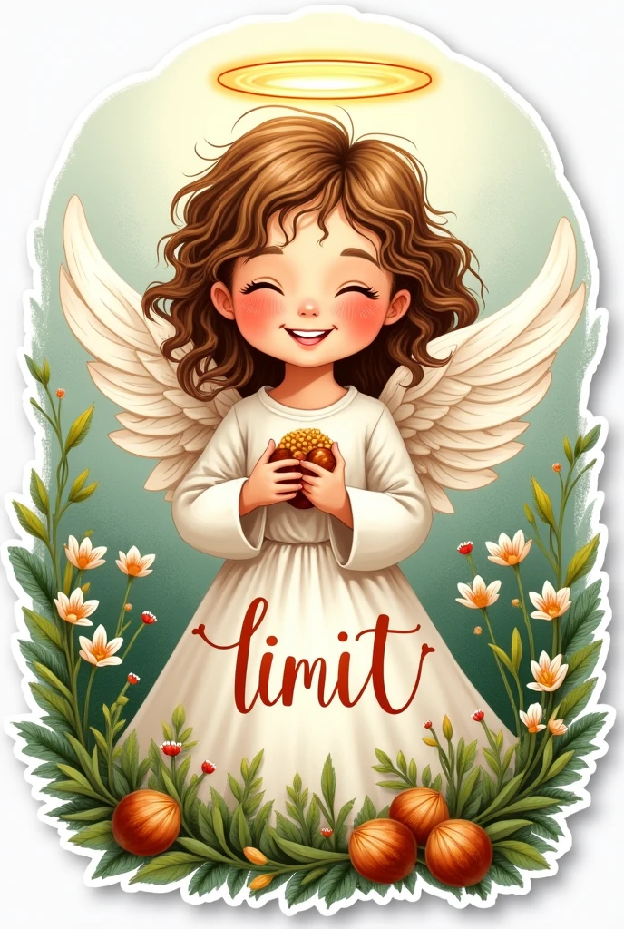 Drawn angel, Sticker, holds nuts, smile, nimbus, curly hair, grass, flowers , joy holiday. Words in beautiful font:, word "limit" in Cyrillic 