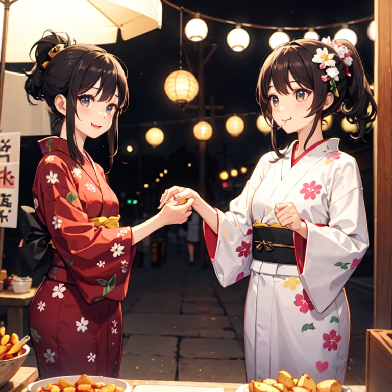 Happy sisters、Holding hands、ponytail、Lesbian、yukata、stall、Eating potatoes
