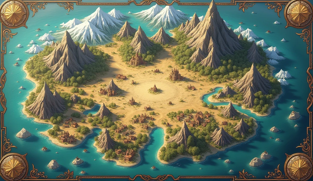 Other World Map，In the center of the map is the country of humanity.，To the north are the dwarves of the land of ice and snow.，The south is a country of desert cities.，To the west is the land of dragons, with tall mountains and snow.，To the east is the dense forest area of the Elves.