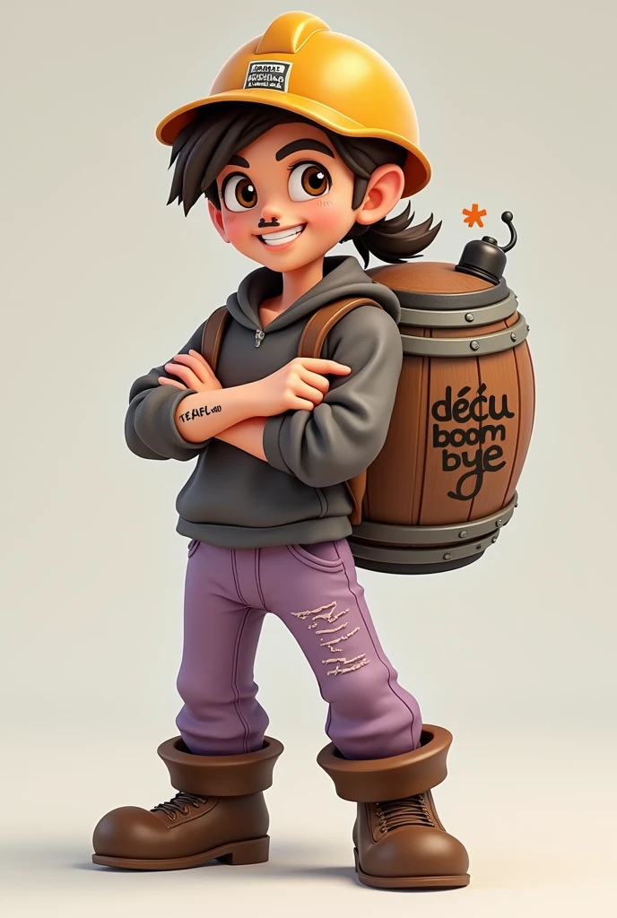 Personnage avec un tonneaux avec écrit déçu boom bye sur le tonneaux des mini mine sur luis un pantalon bleu poupre clair avec un peut de déchirure une tête avec des yeux marrons un pull la ou il porte grâce a unes sachons a mine des cheveux avec une queue de cheval est une bombe en tatouage sur sont bras droit une bouche avec un sourire un visage beige une moustache des main avec des mine qu'il tient sur s'est deux est il y a ecris boom bye-bye et qui a un côté un peut muscle de sont corps avec un peut de trace sur s'est blessure