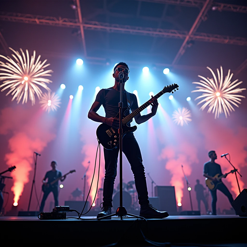 rock band. Slim, dark-skinned singer, Pilot glasses with guitar. Performing at a microphone on a professional stage with lights, fog, Screens and fireworks. Ultra-realistic , Professional Lighting,