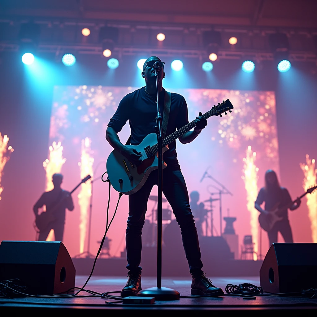 rock band. Slim, dark-skinned singer, Pilot glasses with guitar. Performing at a microphone on a professional stage with lights, fog, Screens and fireworks. Ultra-realistic , Professional Lighting,