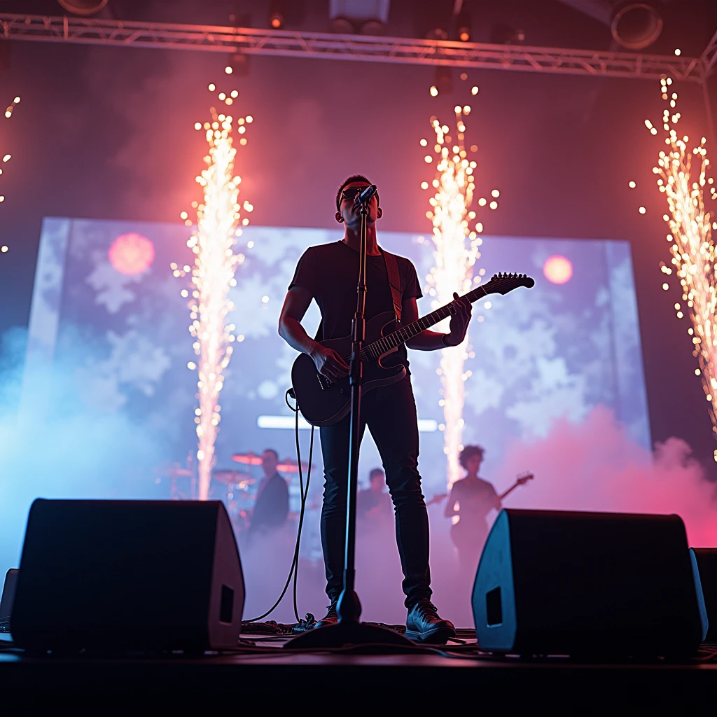 rock band. Slim, dark-skinned singer, Pilot glasses with guitar. Performing at a microphone on a professional stage with lights, fog, Screens and fireworks. Ultra-realistic , Professional Lighting,