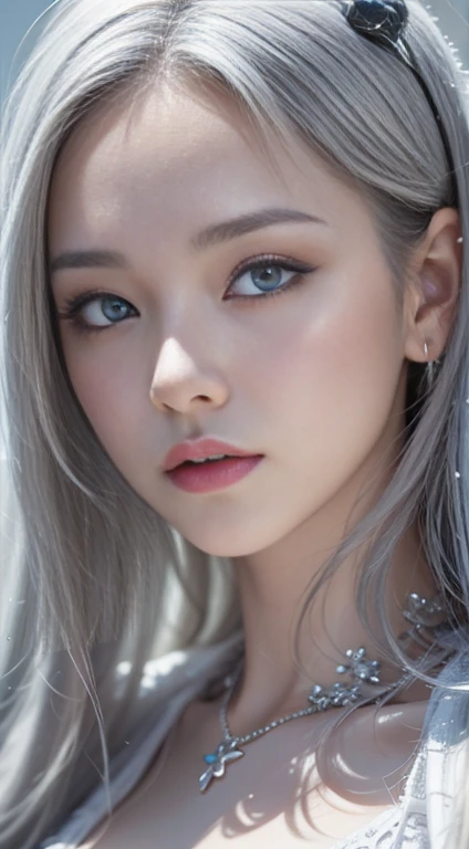 (grey hair, Soft Waves hair, blush, very much lip gloss, many eyelashes, upturned eyes), (photorealistic:1.2), a woman in white wedding dress, white bridal veil, natural lighting, blurred background, depth of field, intricate details, highly detailed, sharp focus, (high detailed skin:1.2), dynamicposes