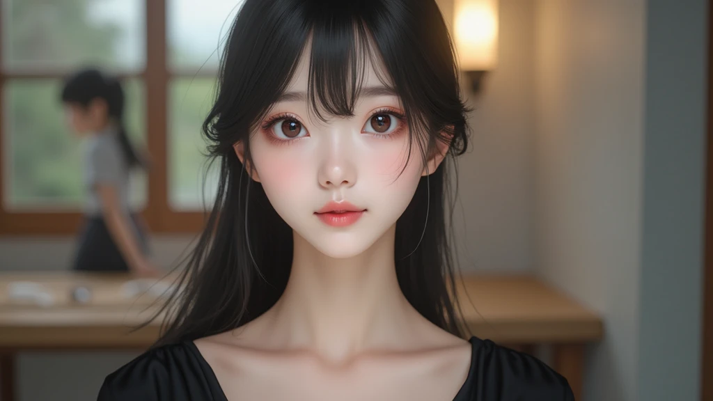 Beautiful Japanese face woman, image from the neck up, woman with a long neck　 front face adult woman photorealistic Realistic skin 4k super delicate