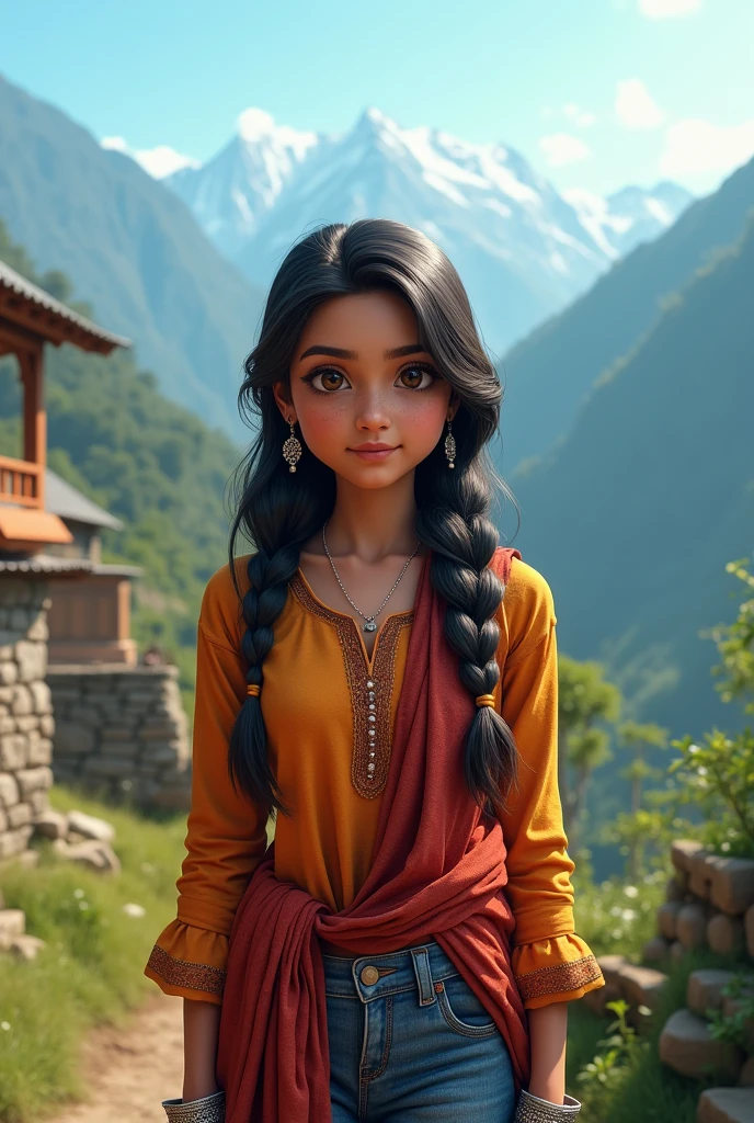 Create a detailed portrait of Vritika Negi, a 21-year-old Kumaoni Hindu woman with a slender build and a height of about 5'5". She has long, black hair styled in a simple braid and expressive brown eyes. Vritika is wearing a vibrant kurta paired with jeans, accessorized with silver bangles and traditional earrings. She stands in a serene Himalayan landscape, surrounded by lush green mountains and terraced fields. The backdrop captures the beauty of her village, with traditional stone houses and a clear blue sky. Her expression is warm and determined, reflecting her deep connection to her heritage and her aspirations for the future.(best quality,4k,8k,highres,masterpiece:1.2),ultra-detailed,(realistic,photorealistic,photo-realistic:1.37)