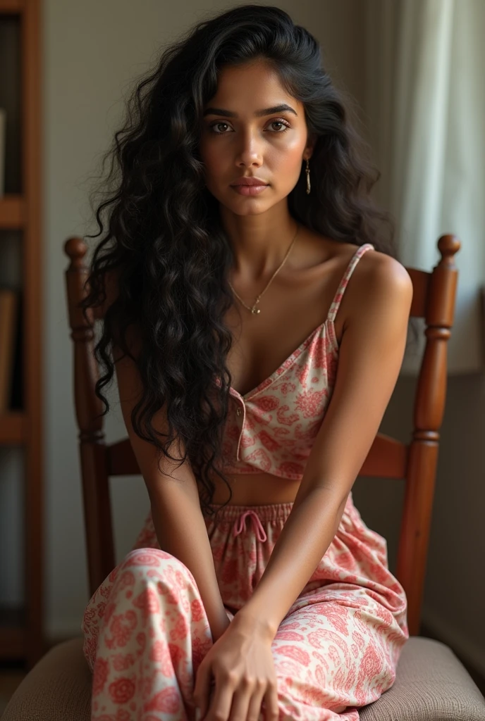 (photorealism:1.2),18yrs  beautifull girl  sitting on  chair  wearing full pajama pants, long curly hair, indian