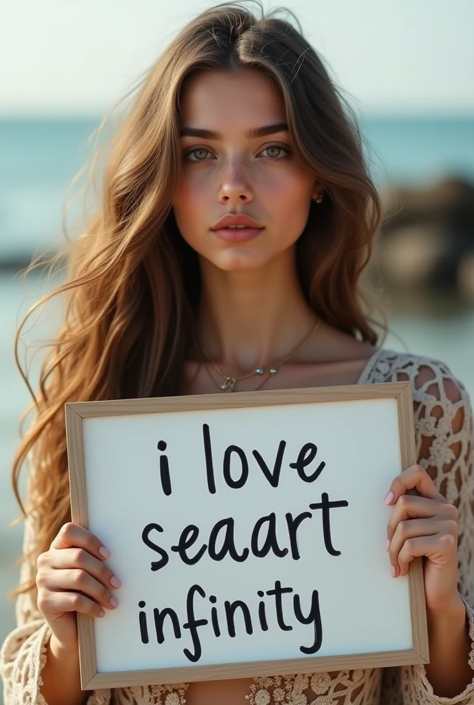 Beautiful girl with wavy long hair, bohemian dress, holding a white board with text "I Love Seaart Infinity" and showing it to the viewer