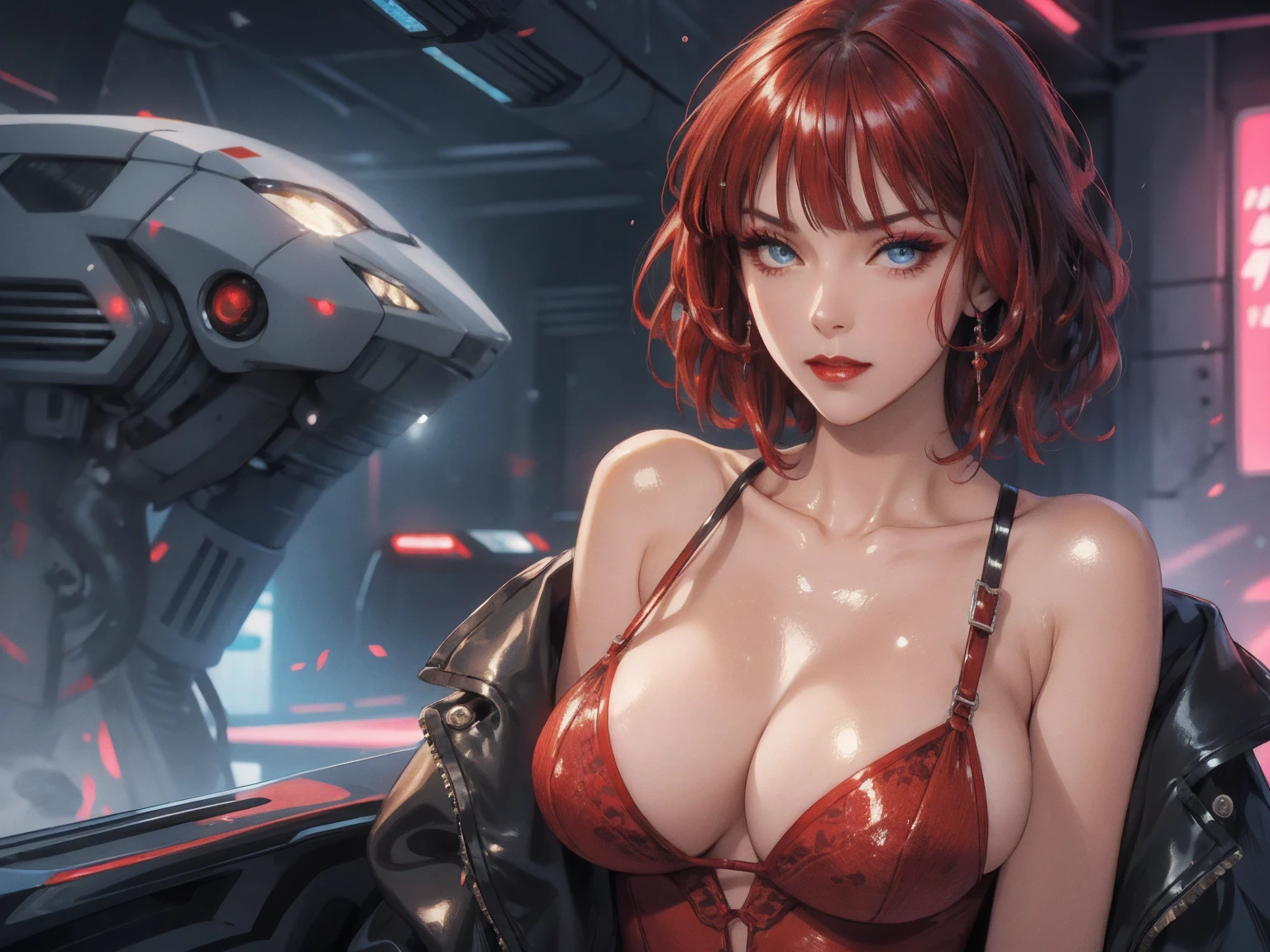 1girl,a beautiful fashion model ,(masterpiece, detailed background, best quality),short and shiny hair, red hair, hair with highlights, bangs, smirk,juicy lips,red lips, calmart, lingerie, stripping, elegant makeup, blue eyes, full body shot, (shiny skin), cyberpunk, sci fi, boa, extravagant jewelry, cocky expression, covered in jewelry, fancy, see through white dress, shiny skin, wet skin