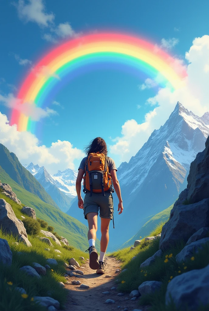 When climbing to the top。A rainbow is a happy thing