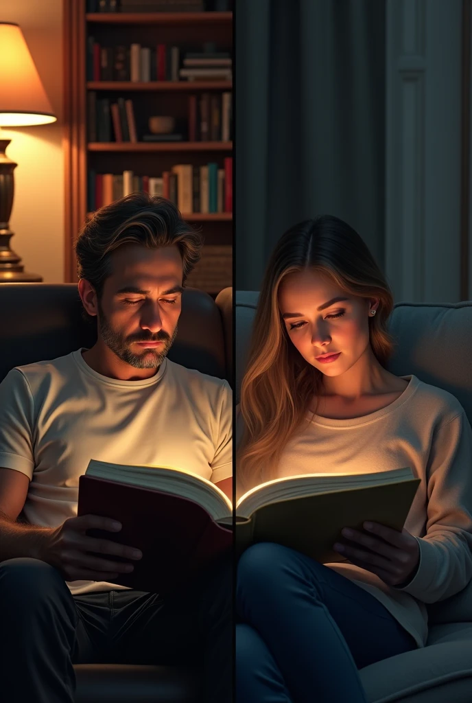 Generate two images together, in one image a man reading a book and in the other image a woman reading the same book as the man.