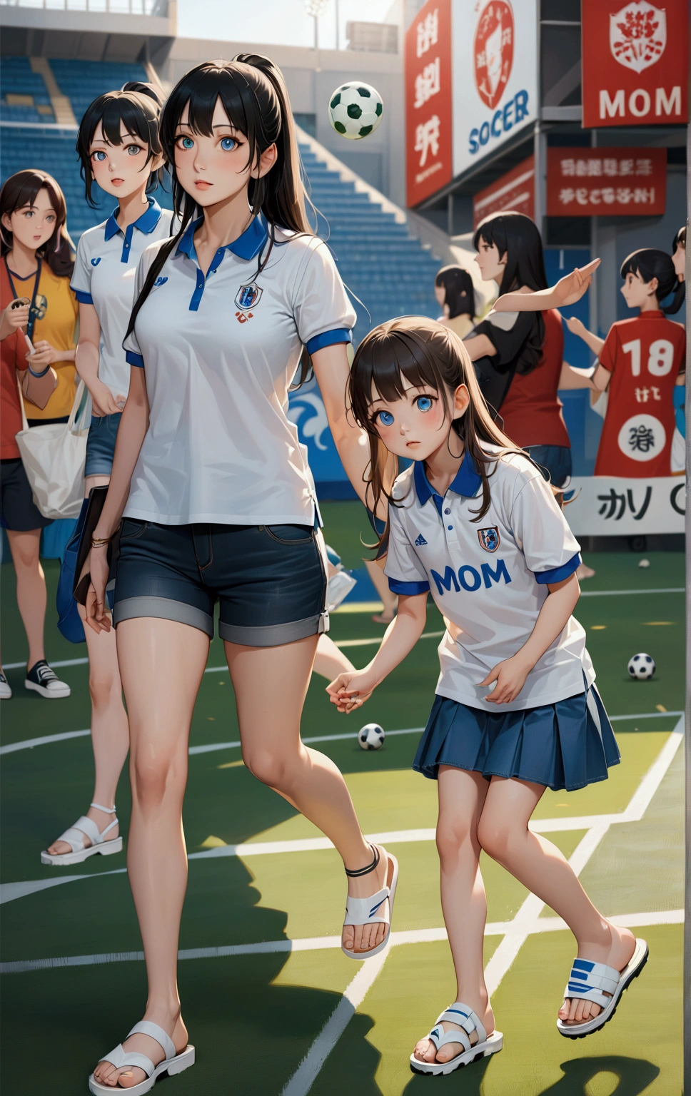 realistic anime illustration of mother and daughter are walking together at the outside of soccer stadium, {mom wears polo shirt, denim skirt, sandals}, {daughter wears soccer shirt, short pant, sneakers}, (2girls, full body), (masterpiece, best quality, japanese anime style), (expressive eyes, perfect face, perfect anatomy)