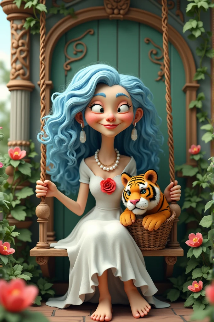 Very Old woman with long curly blue hair
With a very smiling and happy lip
With an old basket with a tiger in it
With a white princess dress and
A pearl necklace with a red rose
The old woman is sitting on the swing in the balcony inside a dream house
With tiger
Style 3D