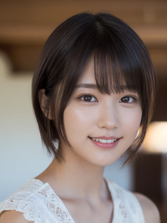 masterpiece, Highest quality, One Woman, (RAW Photos, Highest quality), (reality, Realistic:1.4), Tabletop、reality的、Stereoscopic lighting、Professional Lighting、Face Light、Smooth lighting、sexy、Sunburned skin、very detailed eyes and face, Beautiful and detailed nose, beautiful eyes, Perfect Anatomy、Bobcut、Brunette Hair 、bangs、A cool smile、Face Focus、indoor、