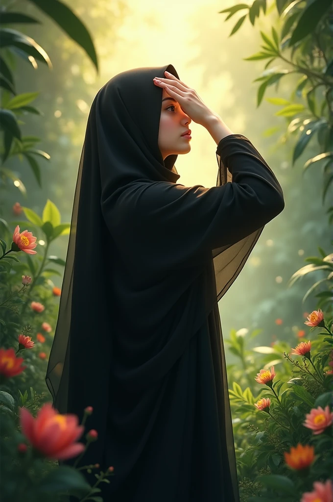 A cute age girl with Black color Borkha, between in a jungle, beautiful plants and flowers rising, she looking at the sun, She is facing forward and the picture is taken from her back, she covered the sunlight with his hand, Sun ray comes between her arms.