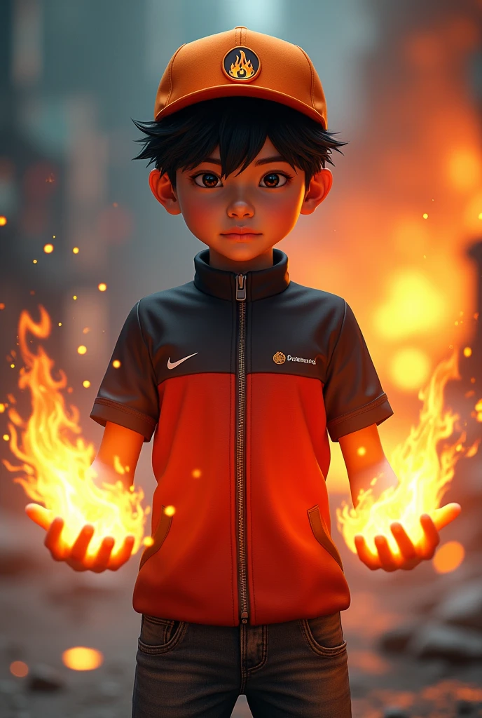 a young boy from Malaysia or Indonesia, wearing an black red zip-up shirt, black hair with a touch of white hair, highly detailed, a young real boy Malaysia Indonesia . wearing an black red zip-up shirt,black hair mix little detai white hair. Age 12 year old. orange cap with small fire logo, detailed face, cinematic lighting, dramatic atmosphere, vibrant colors, 8k, high quality, photorealistic. Hero suit. Fire come from his hand. Glowing fire .jeans pants. Very strong. Future design dress, 4k, photorealistic, masterpiece, studio lighting, sharp focus, physically-based rendering, extremely detailed description, vivid colors, bokeh