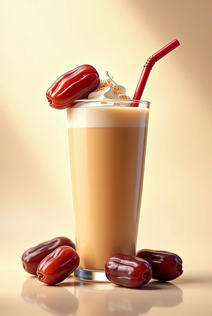 A poster displaying date fruits falling in a glass full of date milkshake with a straw inside and also displaying the name " Kurma Shake "