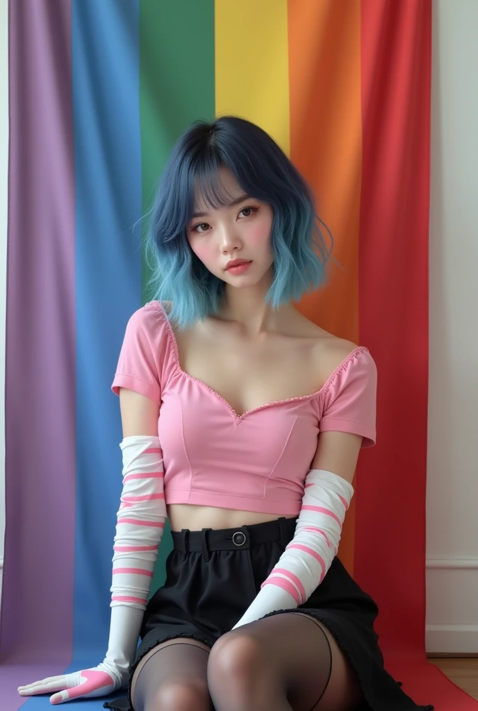 Very effeminate femboy boy 
Boy with feminine features 19 year old boy with white skin
Slim and slender 
blue to black hair
Sitting in front of a wall 
Wearing a pink short-sleeved crop top
Wearing long white and pink striped gloves
Black skirt, black semi-transparent long stockings
With a rainbow flag on the wall, and the gay pride flag