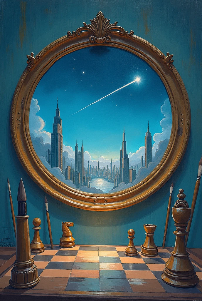 The image is Ghibli style, shows a painting, which has a circular frame shaped like an ouroboros, On the canvas, a futuristic city with large skyscrapers is drawn with a brush and watercolor, with a shooting star streaking across the night sky in the distance.. Outside the painting two chess pieces can be seen, one the black king and the white king, and also two guns and some brushes that were used to paint the picture. 