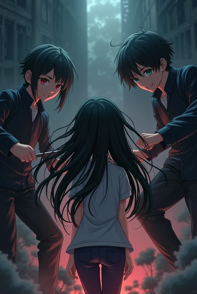 A 16 year old girl with black hair red eyes is trying to rescue a 14 year old boy who is her little bro with black hair green eyes from some thugs alone in a dark place, the boy is being kept hostage by the thugs, one of the the thugs put a knife in the boy's thorat, the girl is 6 feet away from them anime