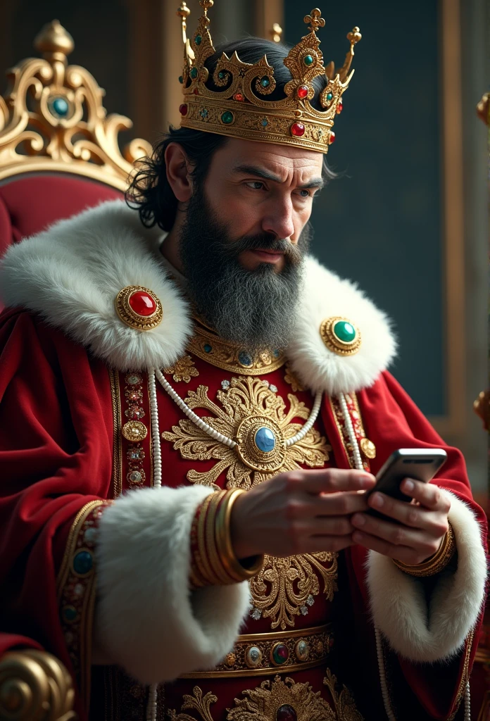 "Create a King, He wore a flashy crown on his head, Have a modern smartphone with a bright screen, Uses cutting edge headphones."