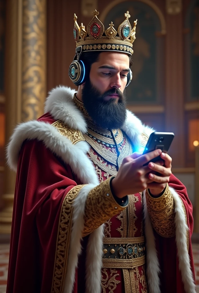 "Create a King, He wore a flashy crown on his head, Have a modern smartphone with a bright screen, Uses cutting edge headphones."