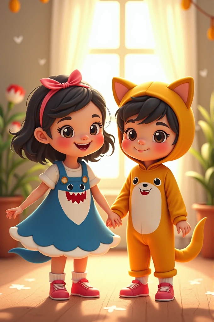A girl in Baby shark dress with a boy in cat dress