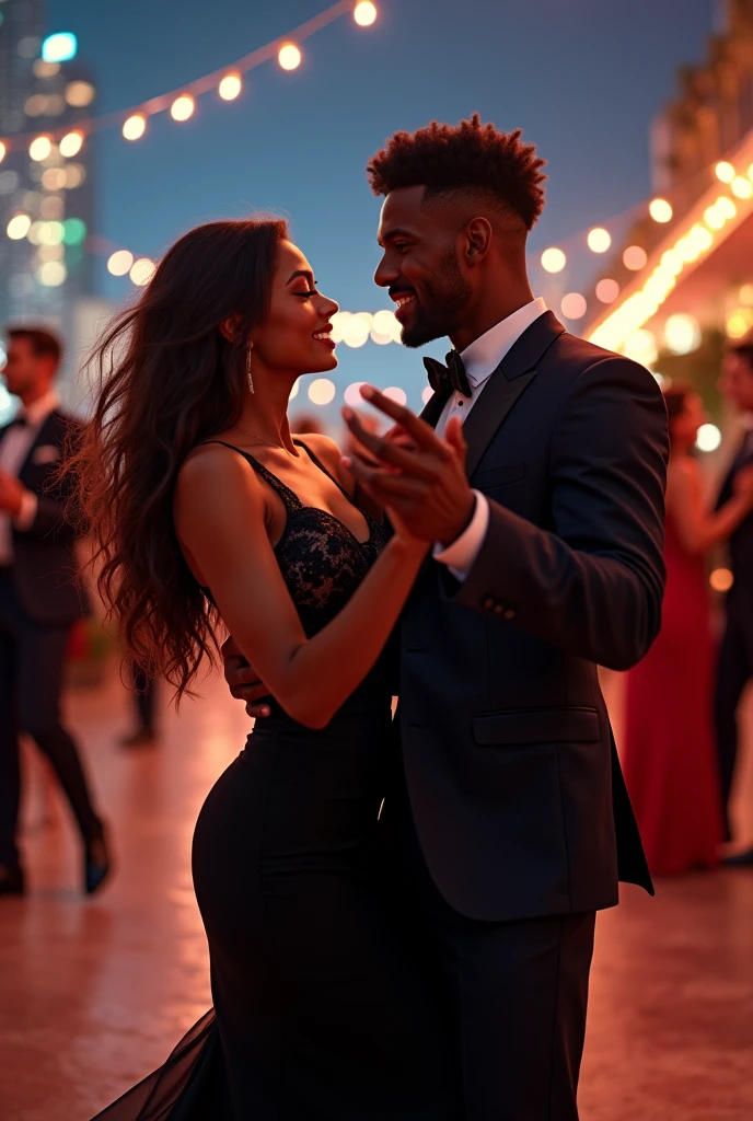 A Brazilian woman, brunette skin, with long brown hair down to her butt, dressed in a black midi dress in which only the corset is lace, dancing with a lighter black guy, short curly hair, he wears a suit. They are on the terrace of a hotel at night that is celebrating its 50th anniversary..... They have their eyes open, best image, realisitic, show them full body, and people around also dancing 