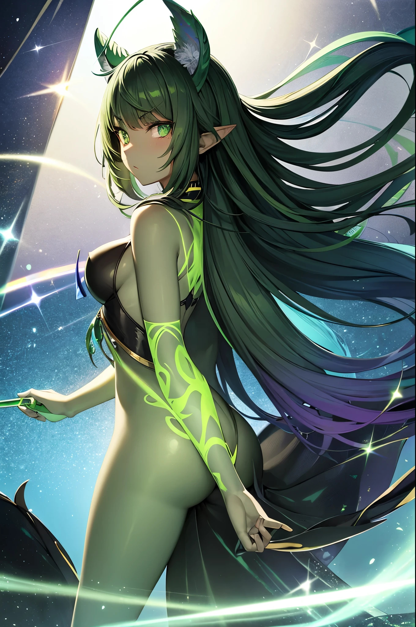 prismatic coloration, holographic environment, young girl, black skin, African-American, Beautiful, elven ears, wolf ears, Serious expression, ponytails, leaf green hair, Heterochromia with deep green & Gold eyes, C-cup, lithe, fit, Modest-attire, full-body, slender legs, beautiful eyes, freckles, leaf green eyebrows, Cute butt, (long straight prismatic colored horns:1.2), wielding magic wand, Battle stance, grassy aura, mystic black-Green cloak with Golden Floral designs