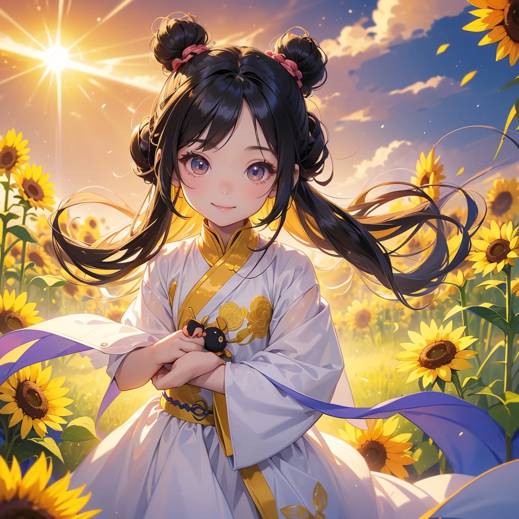 A chibi  girl had a small face and Wearing a little Taoist priest's outfit. A pair of big round eyes shone with curiosity about him. This childso cute! Strolling among the sunflower fields Glowing yellow, her hair is black with two buns on her hair.small chibi, chibi baby, smil,Chibi. Sunset.