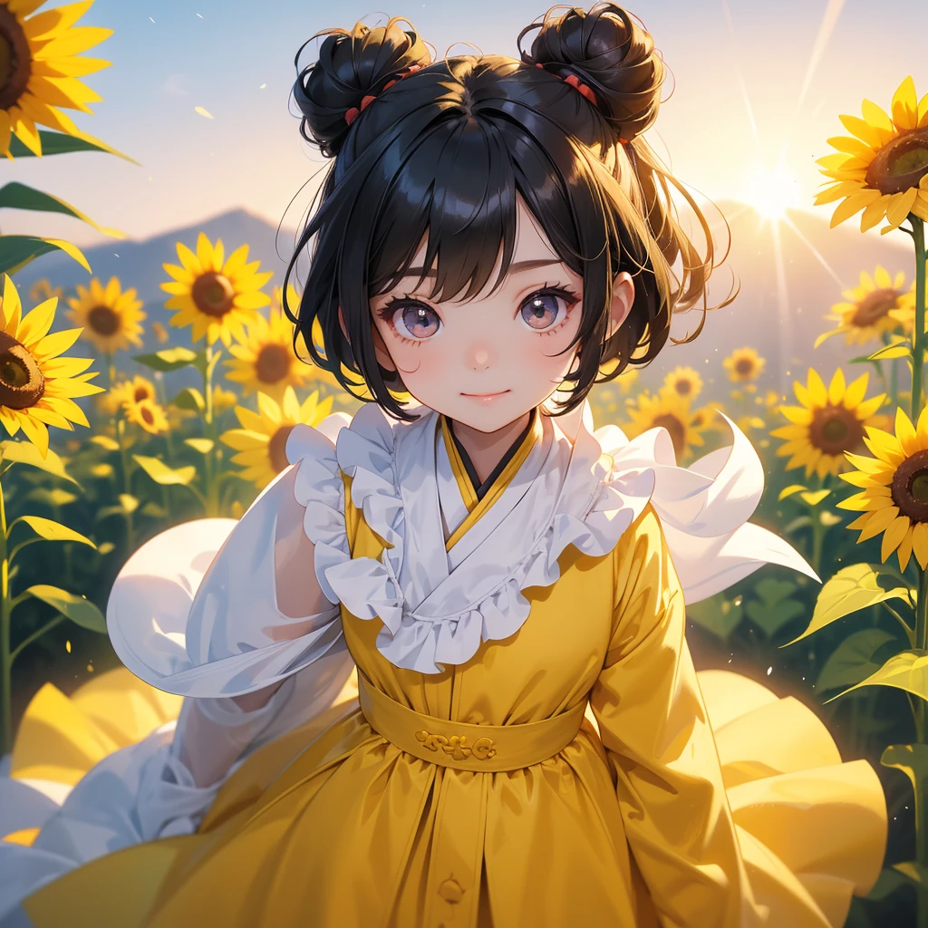 A chibi child girl had a small face and Wearing a little Taoist priest's outfit. A pair of big round eyes shone with curiosity about him. This child was so cute! Strolling among the sunflower fields Glowing yellow, her hair is black with two buns on her hair.small chibi, chibi baby, smiling ,Chibi. Sunset.