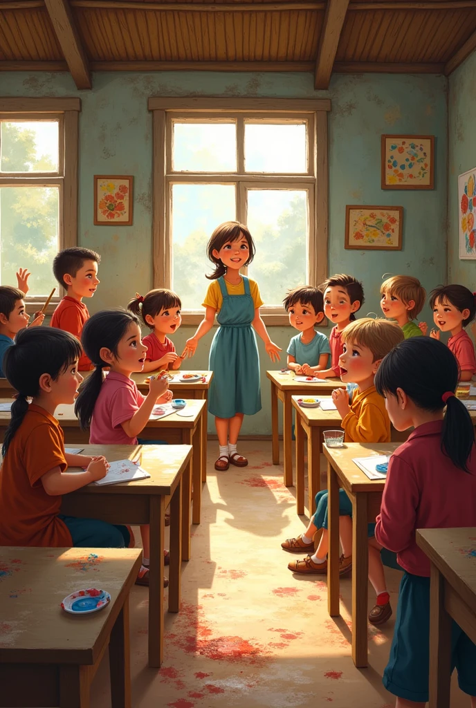 The scene changes to a small village school where children are engaged in various activities like drawing and singing.