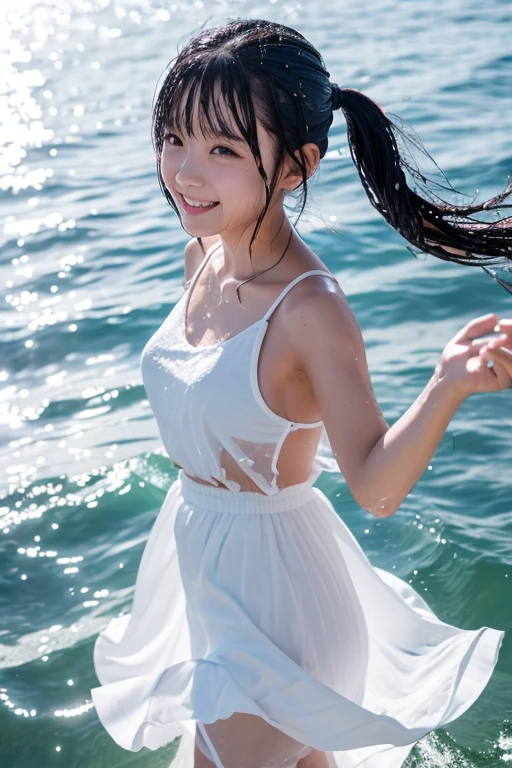 Ocean,12 Talents,((White dress)),woman,Sunlight from above,(Twin tail hairstyle),Turn around,(smile),Kicking the water at the shore,eye catching,Splattering splashes,Reflector from the opposite side of the sun,瞳にeye catching,(The silhouette of the body is visible),high resolution,High definition,Black Hair,((Wet and stuck skirt)))looking at the camera