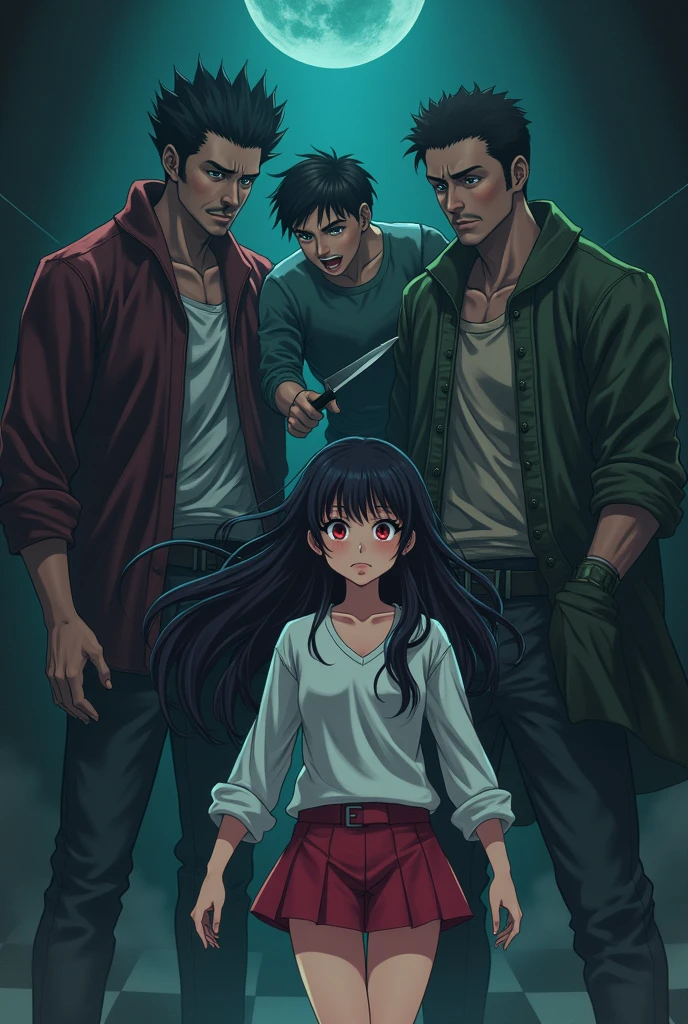 A girl with black hair red eyes is trying to rescue a 14 year old her little bro with blackgreen eyes from some thugs alone in a dark place, the boy is being kept hostage by the thugs, one of the the thugs put a knife in the boy's thorat, the girl is 6 feet away from them anime