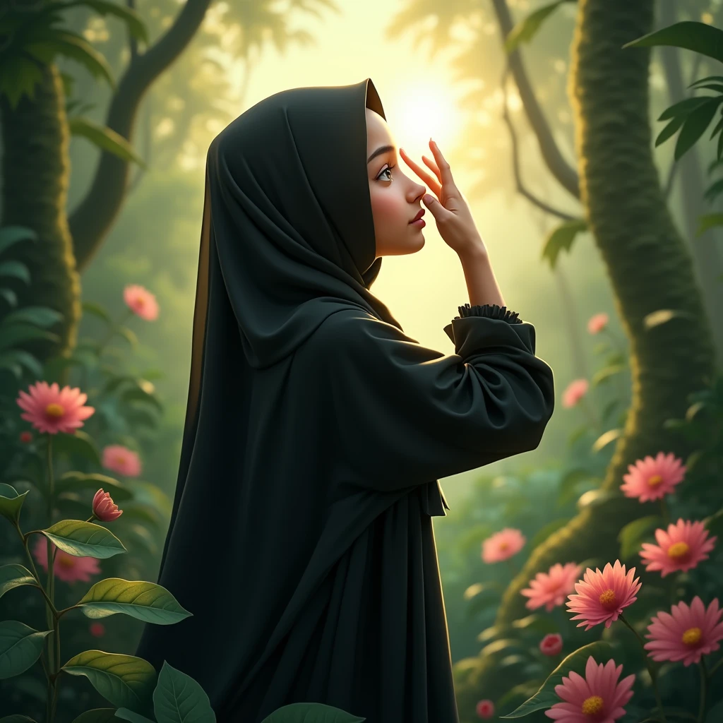 A cute teenage girl with Black color Borkha, between in a jungle, beautiful plants and flowers rising, she looking at the sun, She is facing forward and the picture is taken from her back, she covered the sunlight with his hand, Sun ray comes between her arms.