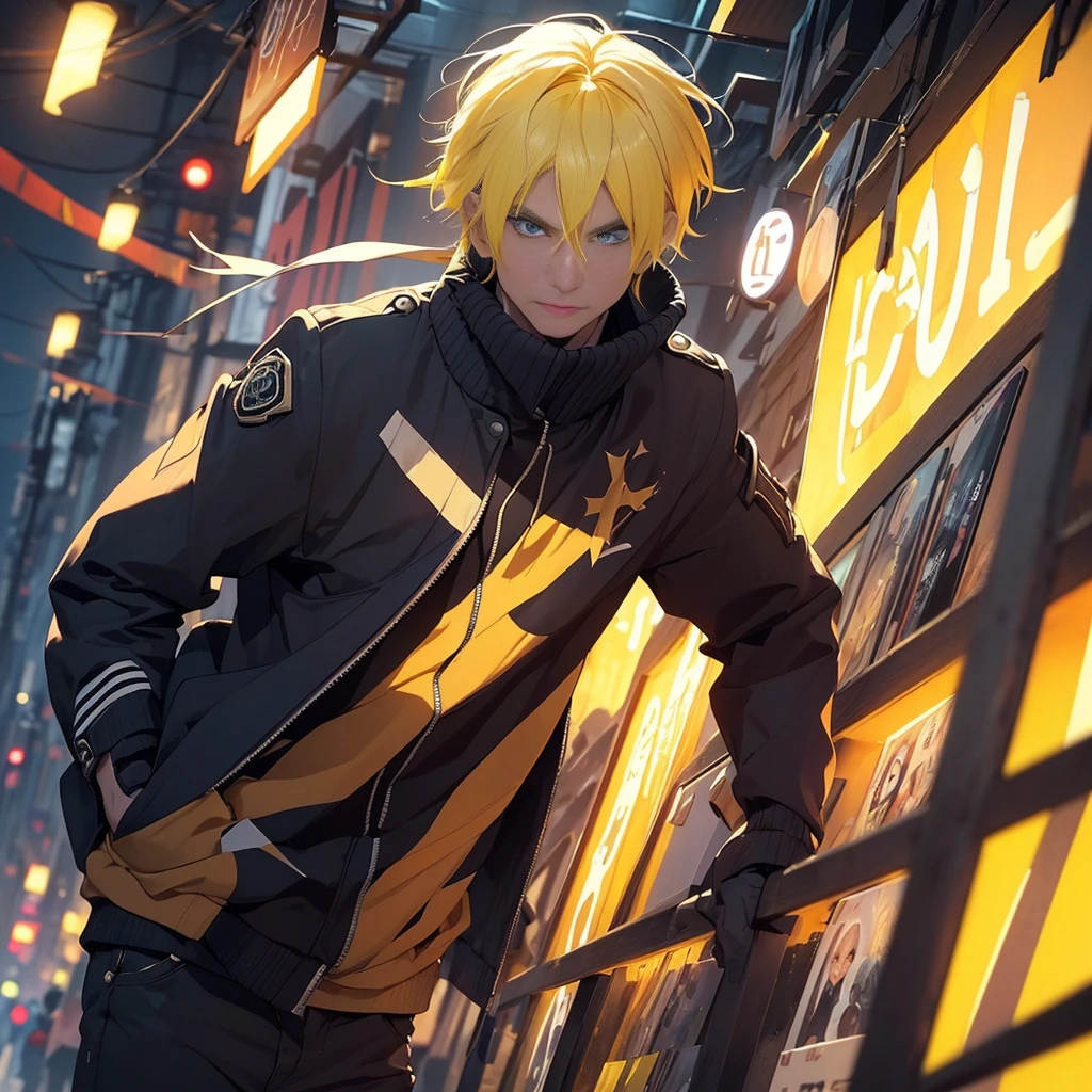 1 ypung man, ((age Around 22 to 27)), ((Yellow Hair, Chiseled face, High cheekbones, Sharp Blue eyes, Athletic body)),  wearing Casual Coat, Black millitary Pants, Intimidating aura