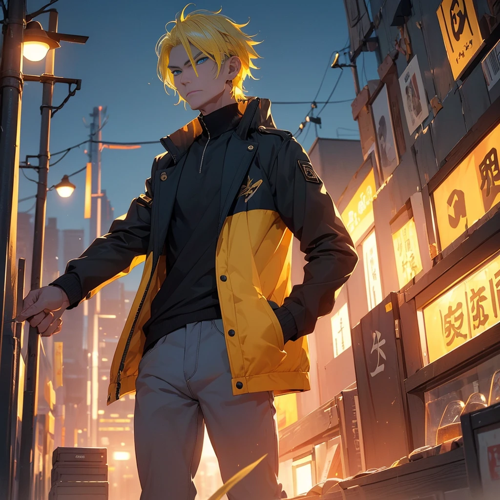 1 ypung man, ((age Around 22 to 27)), ((Yellow Hair, Chiseled face, High cheekbones, Sharp Blue eyes, Athletic body)), wearing Casual Coat, Black millitary Pants, Intimidating aura