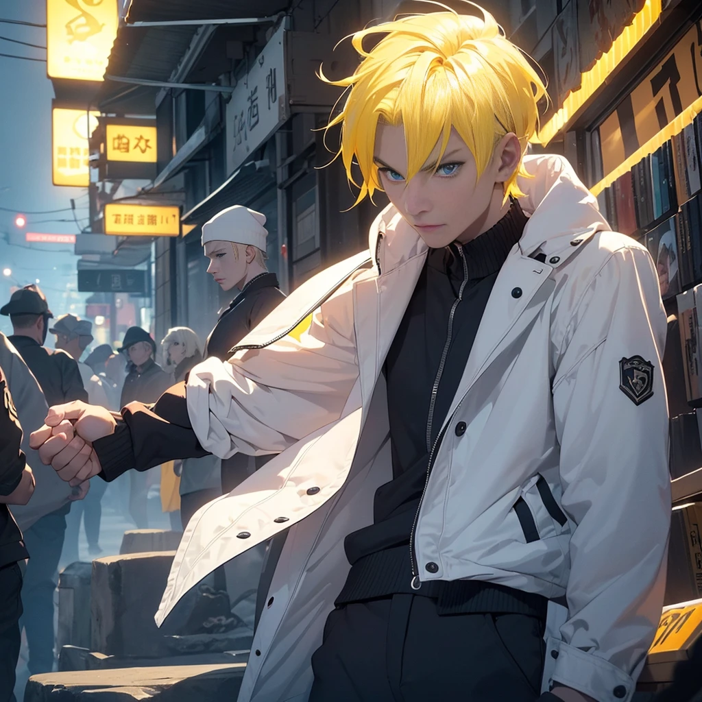 1 ypung man, ((age Around 22 to 27)), ((Yellow Hair, Chiseled face, High cheekbones, Sharp Blue eyes, Athletic body)), wearing Casual Coat, Black millitary Pants, Intimidating aura