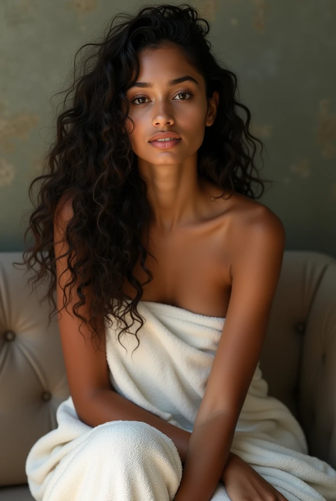 (photorealism:1.2),18yrs  beautifull girl  sitting on  chair  no clothes only towel
 long curly hair, indian