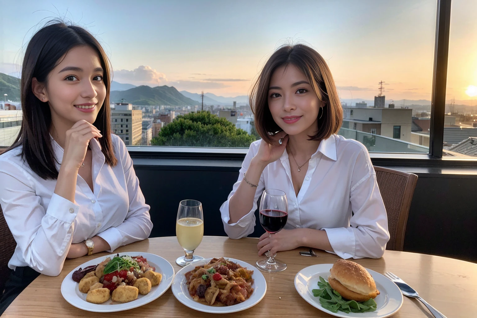 ((Highest quality、8k、masterpiece:1.3))、1 male、1 female、spouse、Beautiful couple、smile、 (Slim face), (The body is スリム), (Brown Hair), (Shortcuts), ((Bob Hale、Straight hair:1.2)), テーブルの上のwine glass、Please shine a light on my face、 Amazing view of the sunset sky and clouds、Amazing mountain views、smileの美しさ、Bright image、blush, Shortcuts,Bright Face、 (42 years old), 39 years old, red wine 、Appetizers、Italian food、Wine bottle、Champagne、sparkling wine、Long sleeve shirt、dress、Attractive beauty、restaurant, Nova Frog Style, actress, model, Upper Body, White wine, red wine, wine glass,