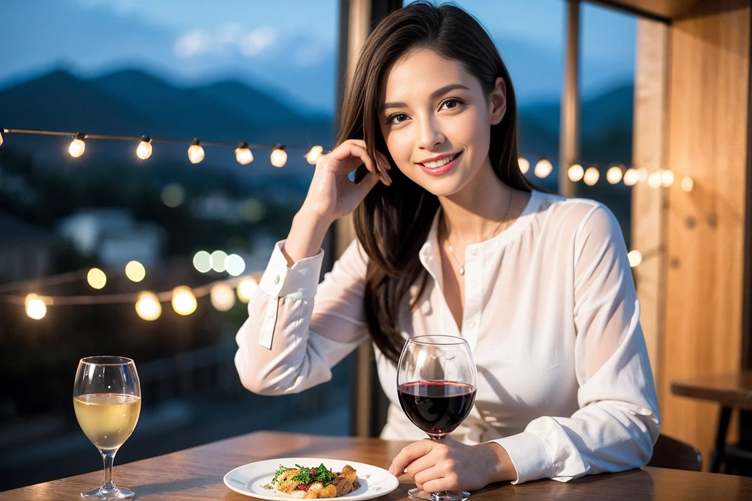 ((Highest quality、8k、masterpiece:1.3))、1 male、1 female、spouse、Beautiful couple、smile、 (Slim face), (The body is ス??), (Brown Hair), (Shortcuts), ((Bob Hale、Straight hair:1.2)), テーブルの上のwine glass、Please shine a light on my face、 Amazing view of the sunset sky and clouds、Amazing mountain views、smileの美しさ、Bright image、blush, Shortcuts,Bright Face、 (42 years old), 39 years old, red wine 、Appetizers、Italian food、Wine bottle、Champagne、sparkling wine、Long sleeve shirt、dress、Attractive beauty、restaurant, Nova Frog Style, actress, model, Upper Body, White wine, red wine, wine glass, 
