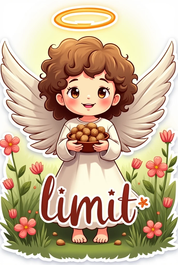 Drawn angel, Sticker, holds nuts, nimbus, curly hair, grass, flowers , joy holiday. Words in beautiful font:, word "limit" in Cyrillic